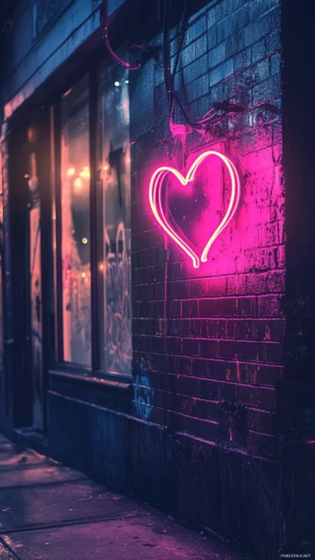 Neon heart graffiti shining under streetlights.