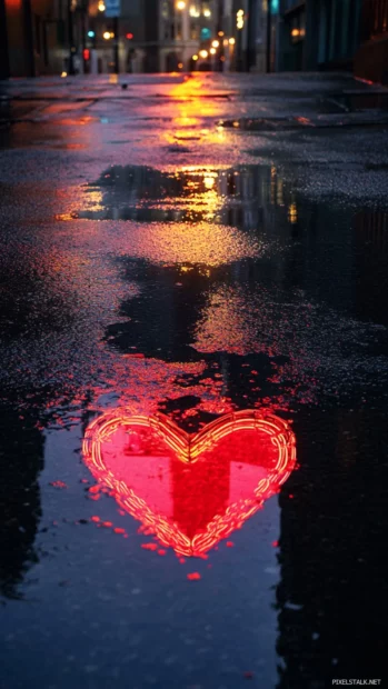 Neon heart reflected in city puddle after rain.