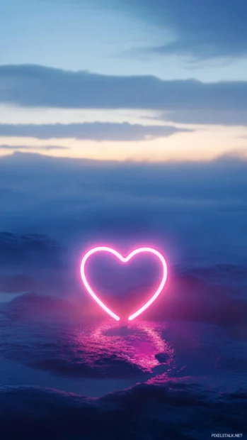 Neon heart ring spinning slowly in fog.