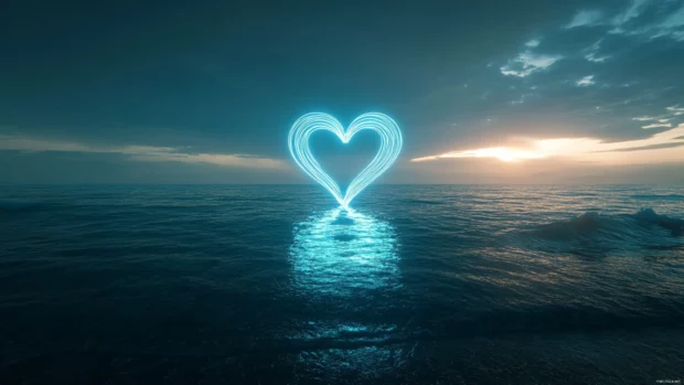 Neon heart shining alone over ocean horizon.