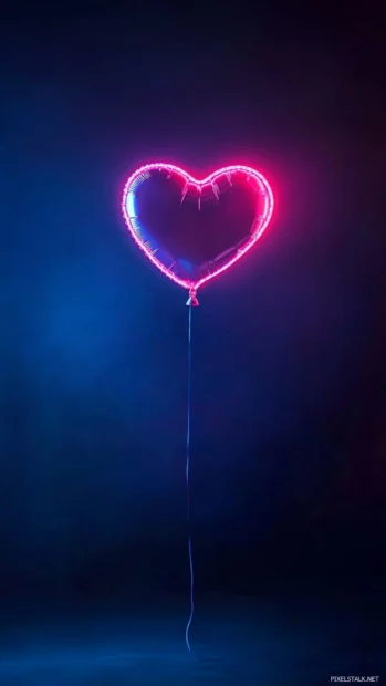 Neon heart tethered to balloon drifting upwards.