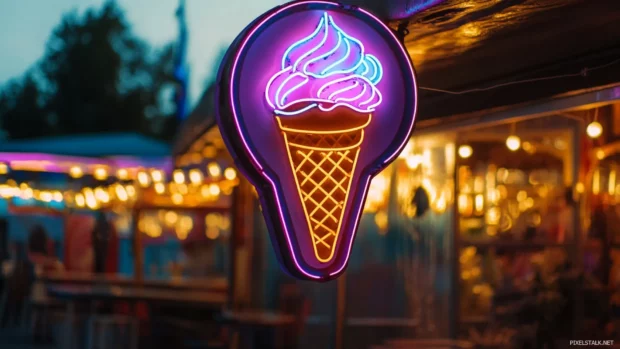 Neon ice cream cone sign shining brightly at fairground.