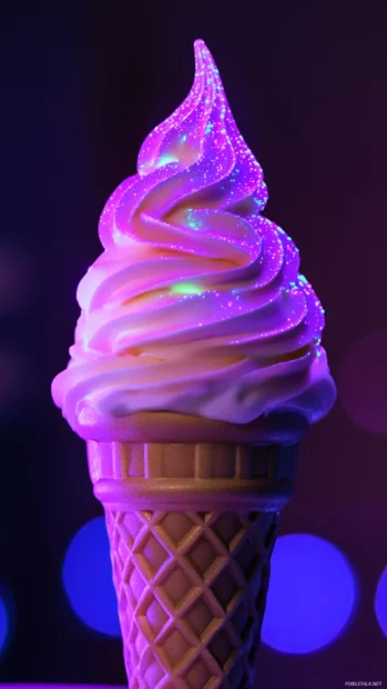 Neon ice cream cone with sparkly purple glow.