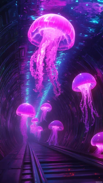 Neon jellyfish floating through a futuristic subway tunnel.