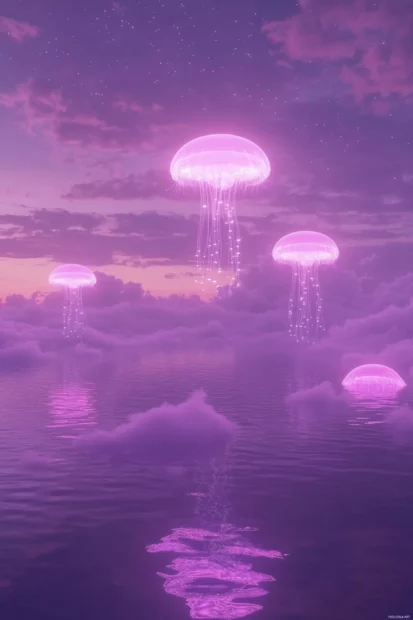 Neon jellyfish floating through lavender sea, Aesthetic purple neon sky.