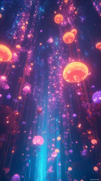 Neon jellyfish swimming through vertical space.