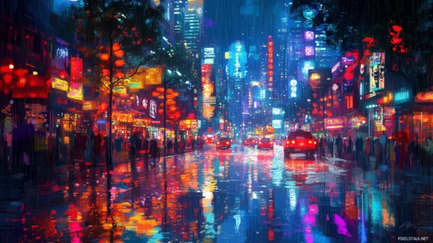 Neon lights forming a glowing city skyline with vibrant reflections on wet streets, Vector illustration .