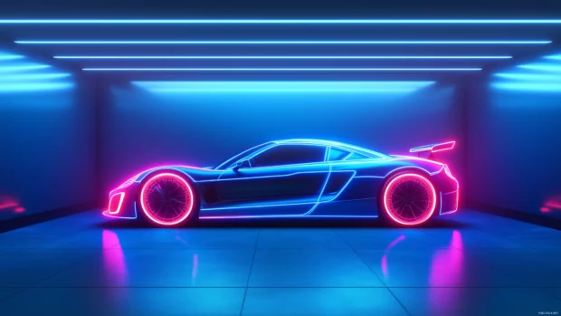 Neon lights outlining a sleek car in a cyberpunk themed garage, Vector illustration.
