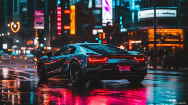 Neon lights sports car, colorful patterns reflecting, polished body, dark urban street, glowing signs futuristic buildings.
