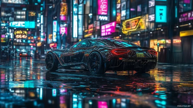 Neon lights sports car, patterns reflecting, cyberpunk city glowing, neon signs lit buildings .
