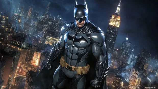 Neon lit Gotham cityscape with Batman gliding, top Batman PC wallpaper idea.