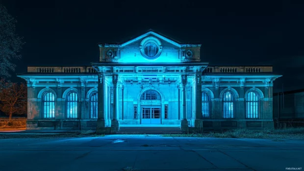 Neon lit abandoned train station in deep shadows.