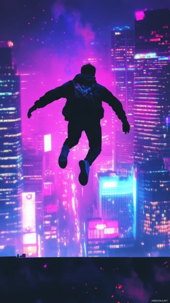 Neon lit cool boy silhouette jumping across rooftop in cityscape background.