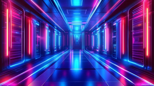 Neon lit cyberpunk alleyway glowing signs and vivid reflections, Vector illustration, D art.