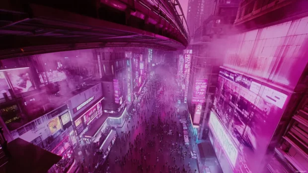 Neon lit overpass above a crowded cyberpunk market street, vibrant city life pulsing beneath.