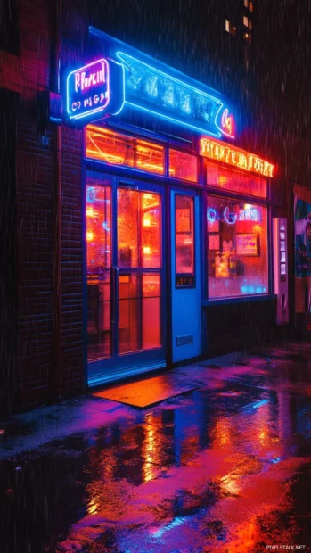Neon lit ramen shop on a rainy night.