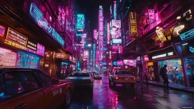 Neon lit street full of androids and holograms, vivid urban landscape.