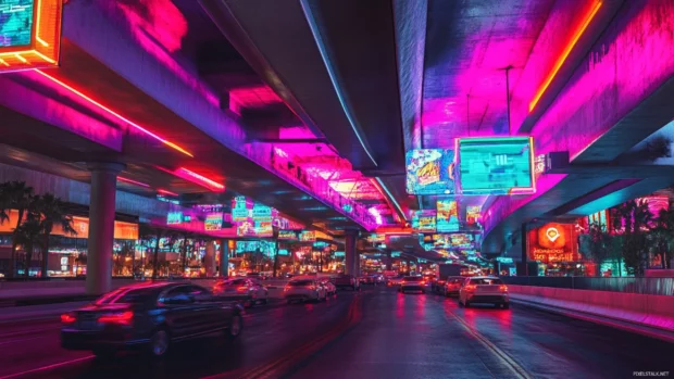 Neon marketplace hidden under massive highway.