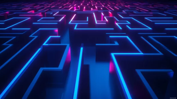 Neon maze stretching into endless night.