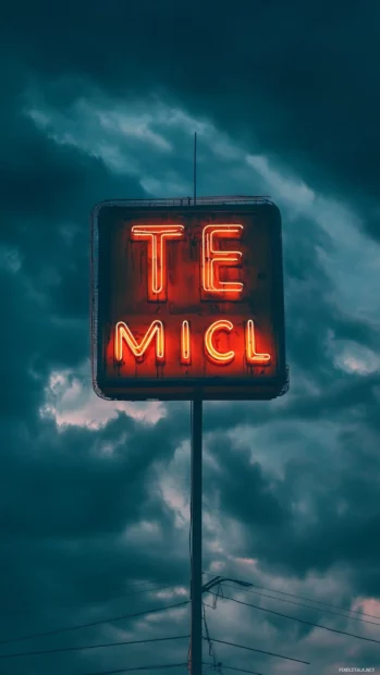 Neon motel sign glowing under stormy sky, Glowing neon sign night view.