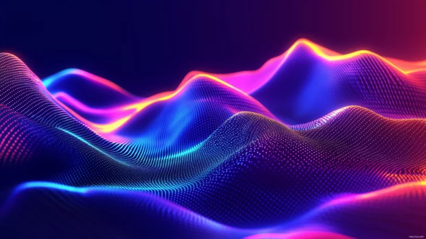 Neon music wave design, colorful pulsating waves, abstract beat, vibrant hues, futuristic soundscape.