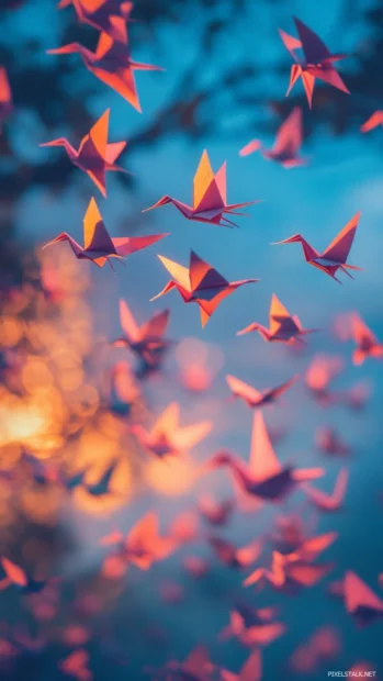 Neon paper cranes flying into sunset.