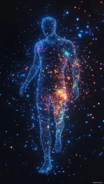 Neon particles clustering into human shape.