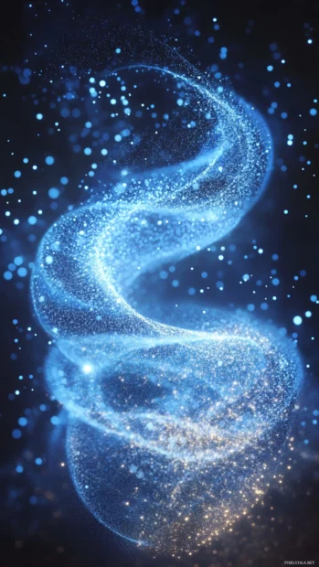 Neon particles swirling into galaxy shape.