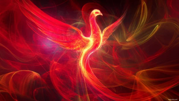 Neon phoenix rising from swirling red mist.