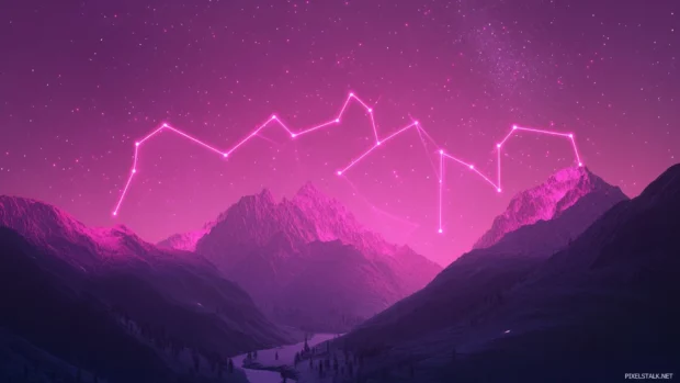 Neon pink constellation shimmering above mountains.