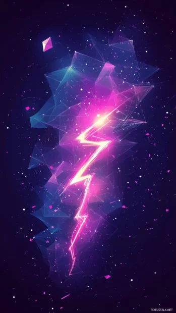 Neon pink lightning bolt, crackling night sky, abstract geometric shapes, glowing energy trails, electrifying atmosphere.