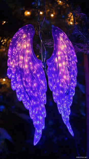 Neon purple angel wings glowing softly in night.