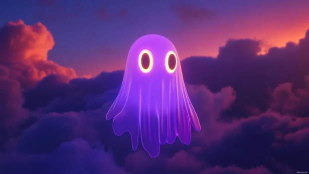 Neon purple ghost with big eyes floating in dreamy sky.