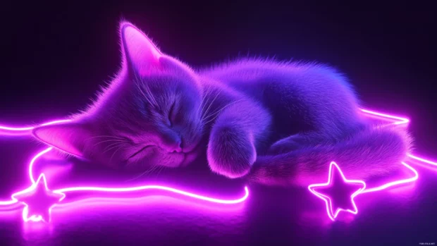 Neon purple kitten sleeping on floating star.