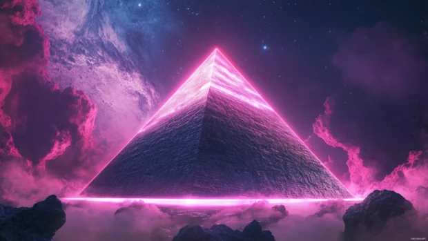 Neon pyramid shining under alien sky.
