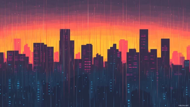 Neon rain dripping from colossal city towers.