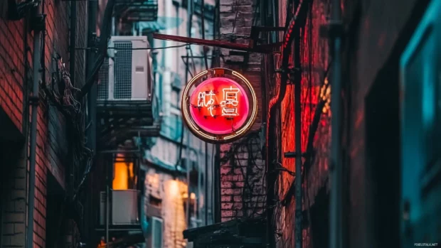 Neon ramen shop sign hidden in narrow alley.