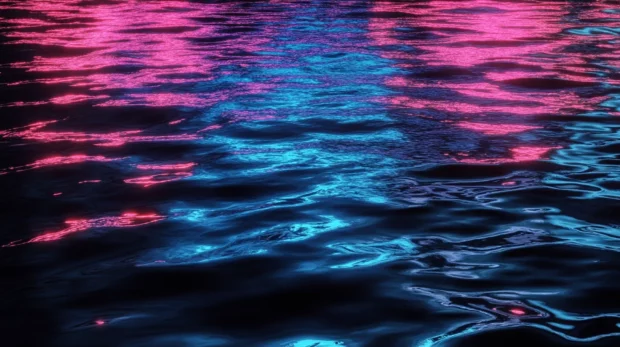 Neon reflections over still black water, Futuristic black neon theme.