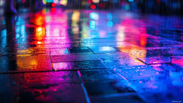 Neon reflections scattered across rainy cyberpunk streets inspired by Retro futuristic neon wallpaper.