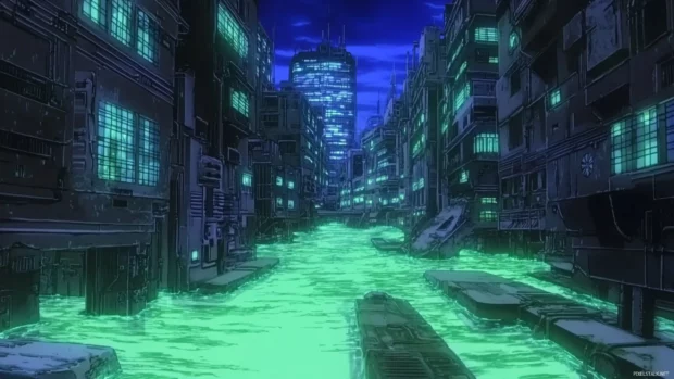 Neon river running through dense cyber slums.