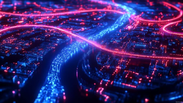 Neon river snaking through cyberpunk metropolis.