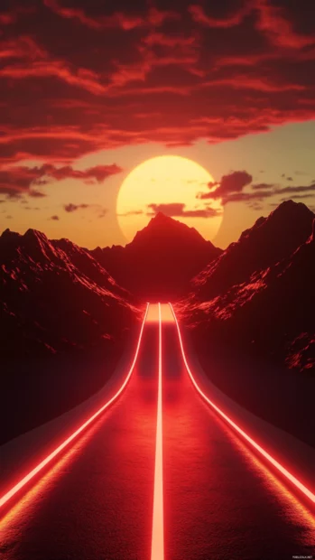 Neon road leading into glowing mountain horizon.