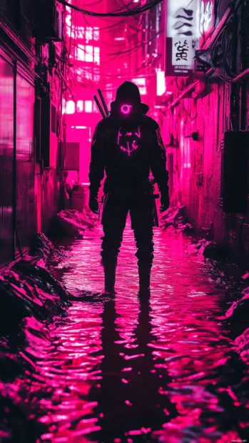 Neon samurai standing in flooded cyber alley, aesthetic look for Cyberpunk mobile Wallpapers HD.