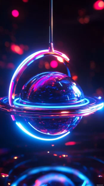 Neon satellite orbiting dark glowing planet.