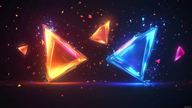 Neon shapes floating in a dark void, glowing with bold hues of blue and orange, Vector illustration.