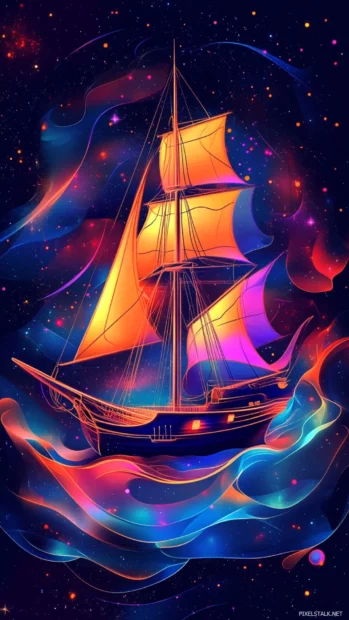 Neon ship sailing through cosmic waves.