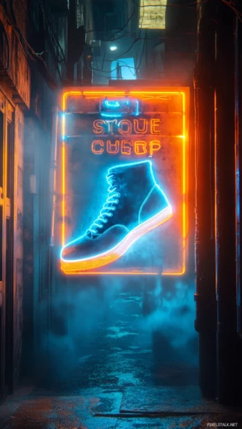 Neon shoe shop sign illuminating misty alley.