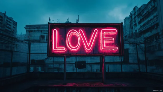 Neon sign saying love glowing above rooftop.