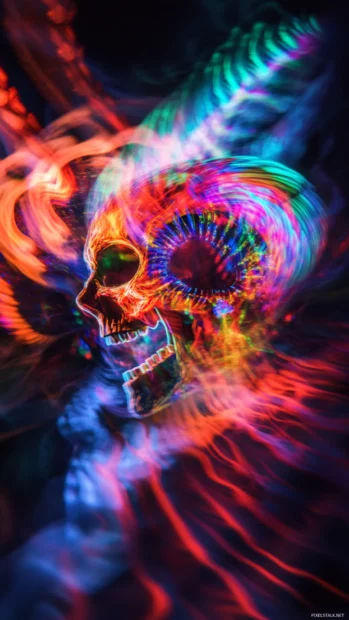 Neon skull appearing from swirling shadows.