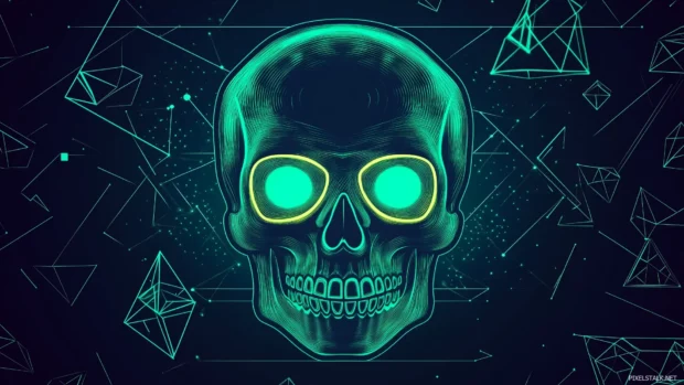 Neon skull design striking, vibrant blue pink purple shades, glowing outlines, intricate patterns.